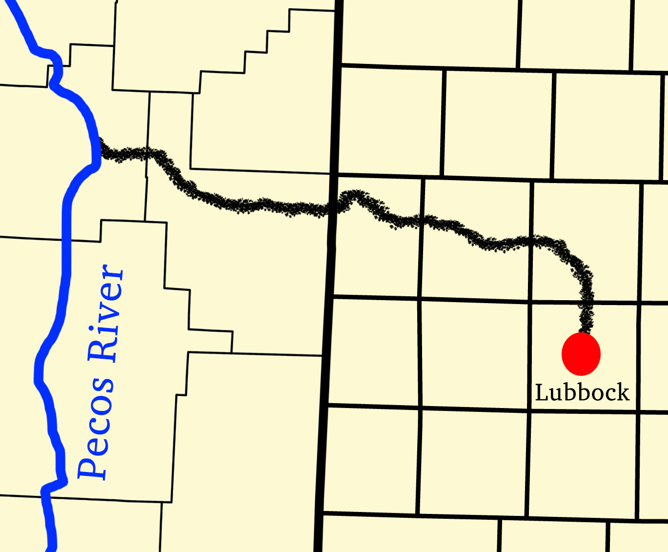 Map of Albert Pike's route from the Pecos River to Lubbock