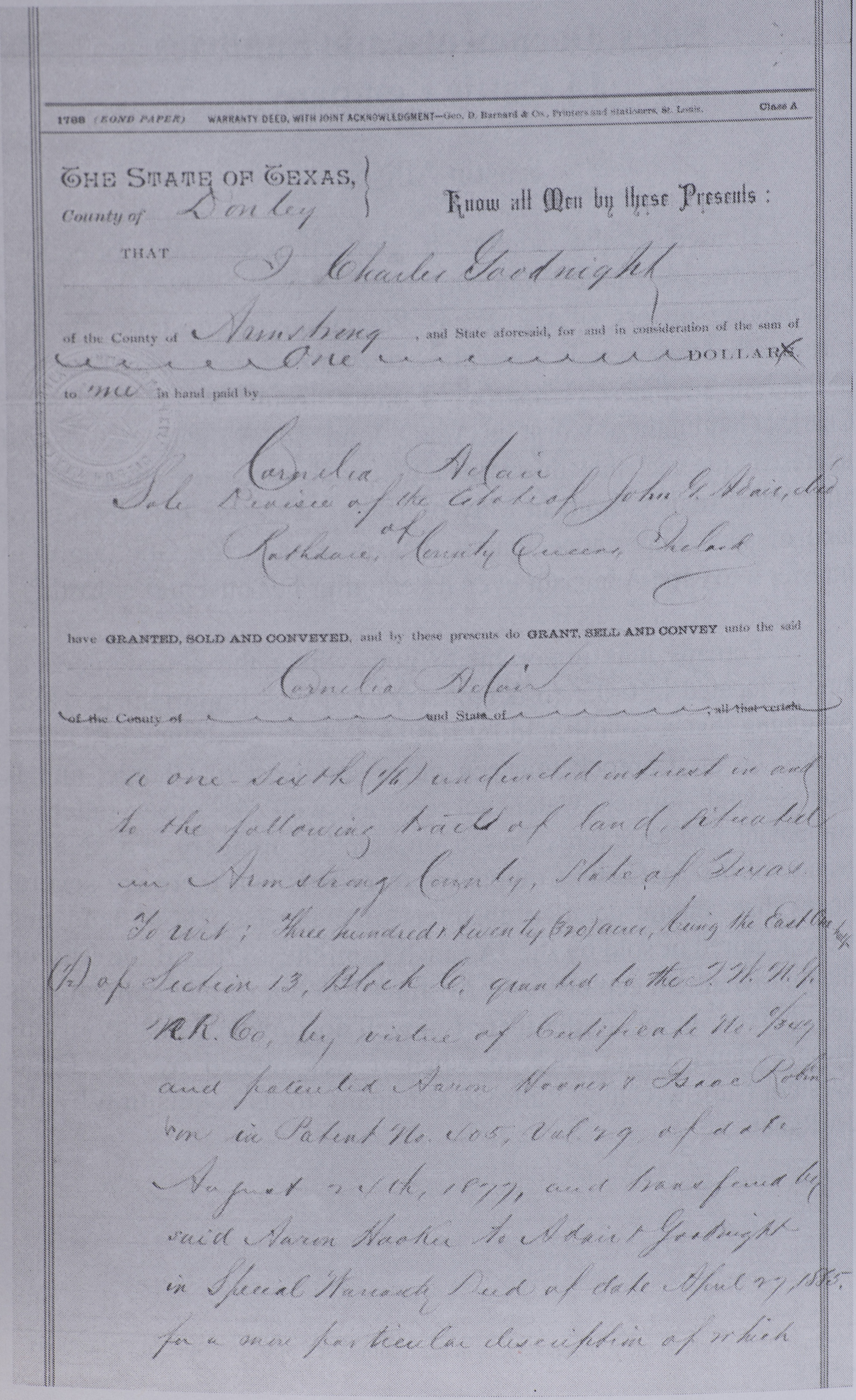 A printed warranty deed form completed in ink, naming Charles Goodnight of Armstrong County as grantor and Cornelia Adair, sole devisee of the estate of John G. Adair of Rathdaire, County Queens, Ireland, as grantee, followed by a handwritten description of the tract conveyed.