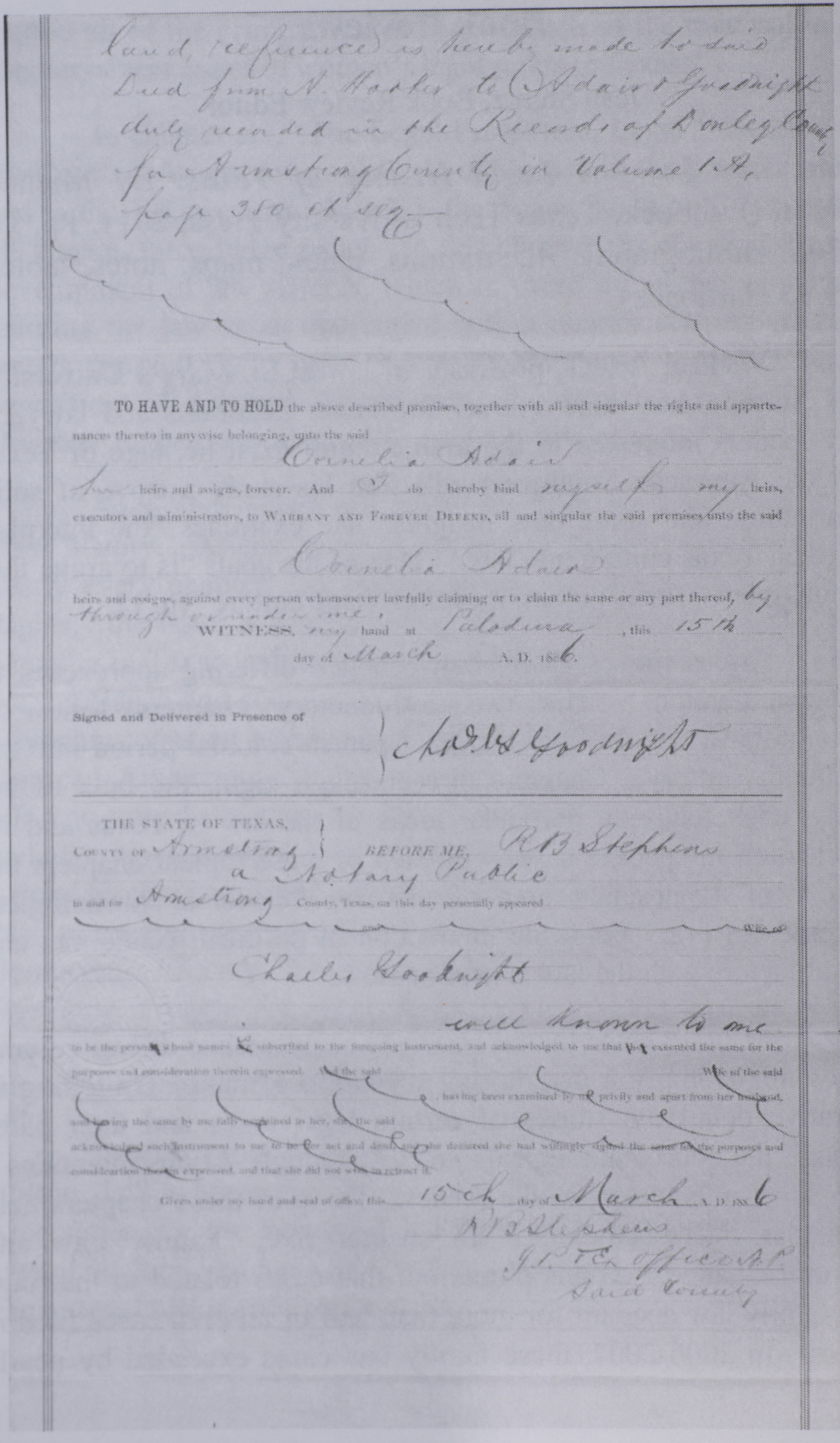 The second sheet of the deed, carrying the close of the property description, the printed habendum and warranty clauses, Charles Goodnight's signature, and a notary's acknowledgment taken in Armstrong County.