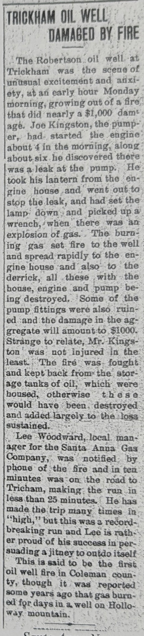 A single-column newspaper clipping headed TRICKHAM OIL WELL DAMAGED BY FIRE, giving an account of a gas explosion at the Robertson well and the response of the local gas company manager.